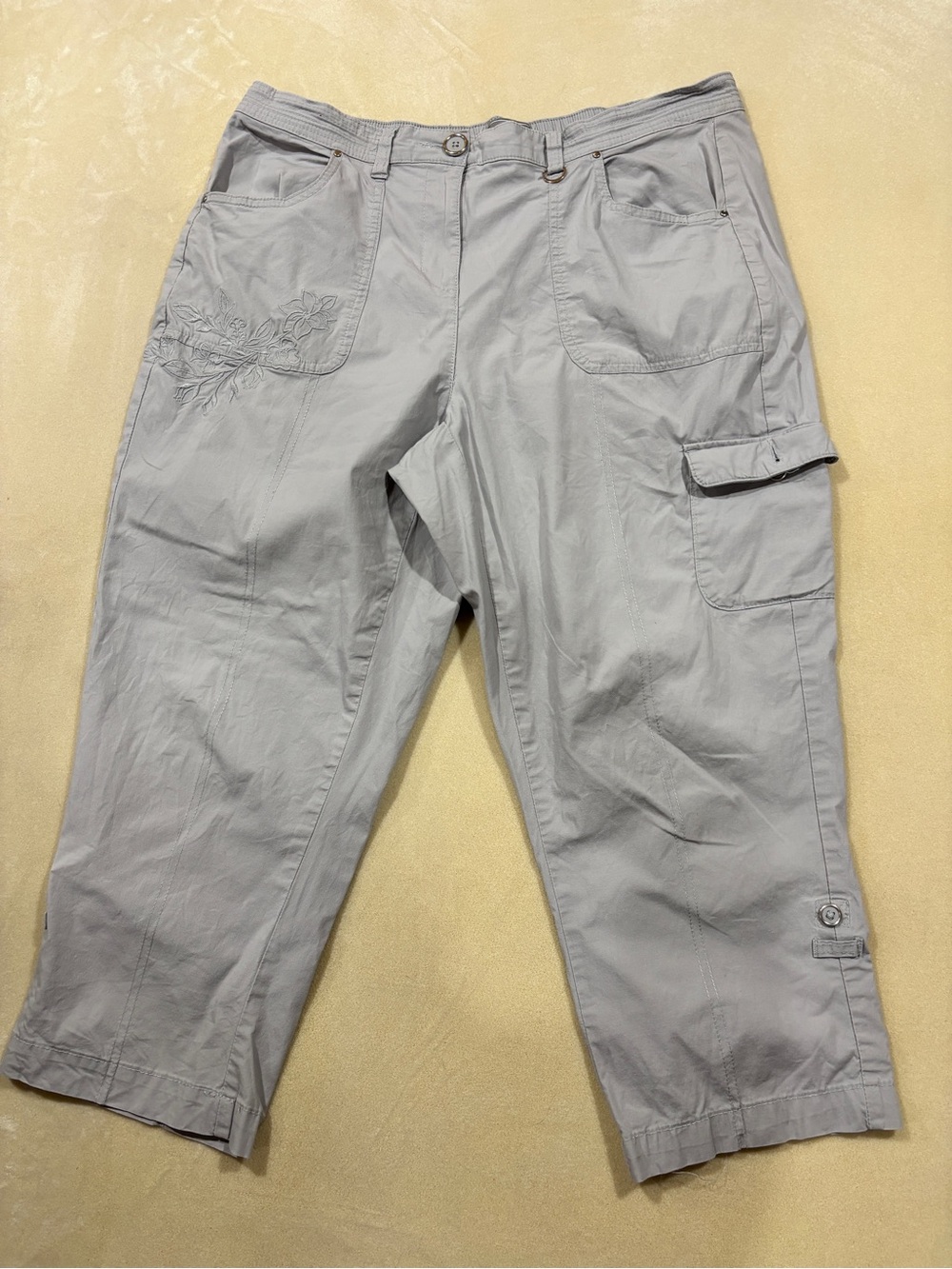Women's Light Gray Cargo Capris with Embroidered Detail